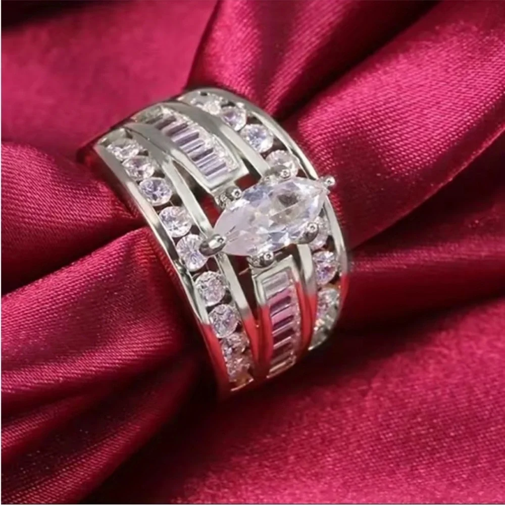 NEW Luxury 925 Silver Round Marquise Baguette Cut Round Engagement Wedding Ring - Picture 2 of 4